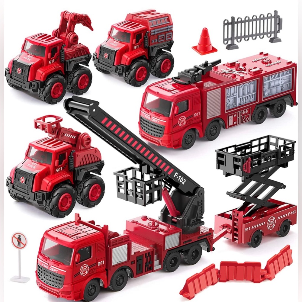 Die Cast Firetruck Set for Kids 3+ Non-Toxic, Push & Go, Moving Parts